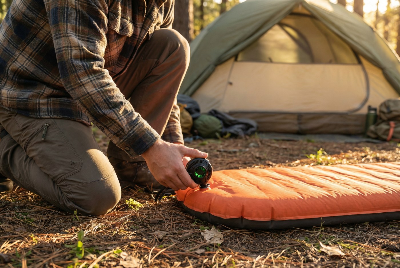 Testing the Aero Jet Mini at a campsite — inflating a sleeping pad in seconds