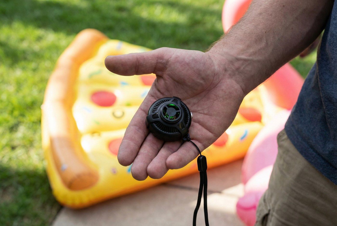 Aero Jet Mini fits in the palm of your hand — shown next to an inflated pool float